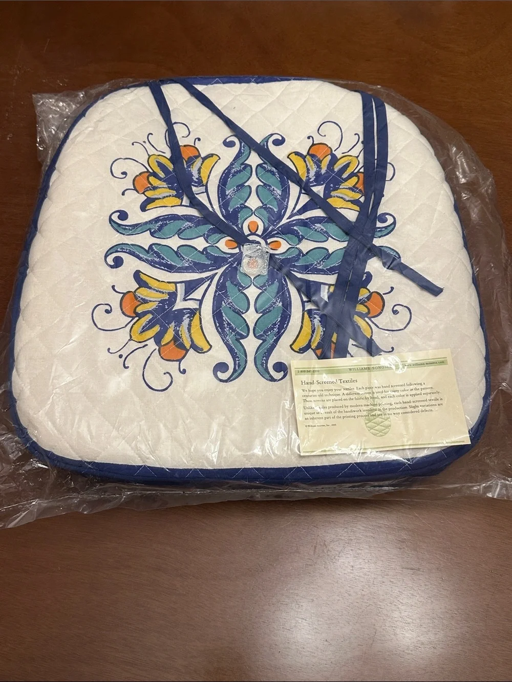 Set of 2 Williams Sonoma Hand Screened Quilted Seat Cushions with Blue Trim